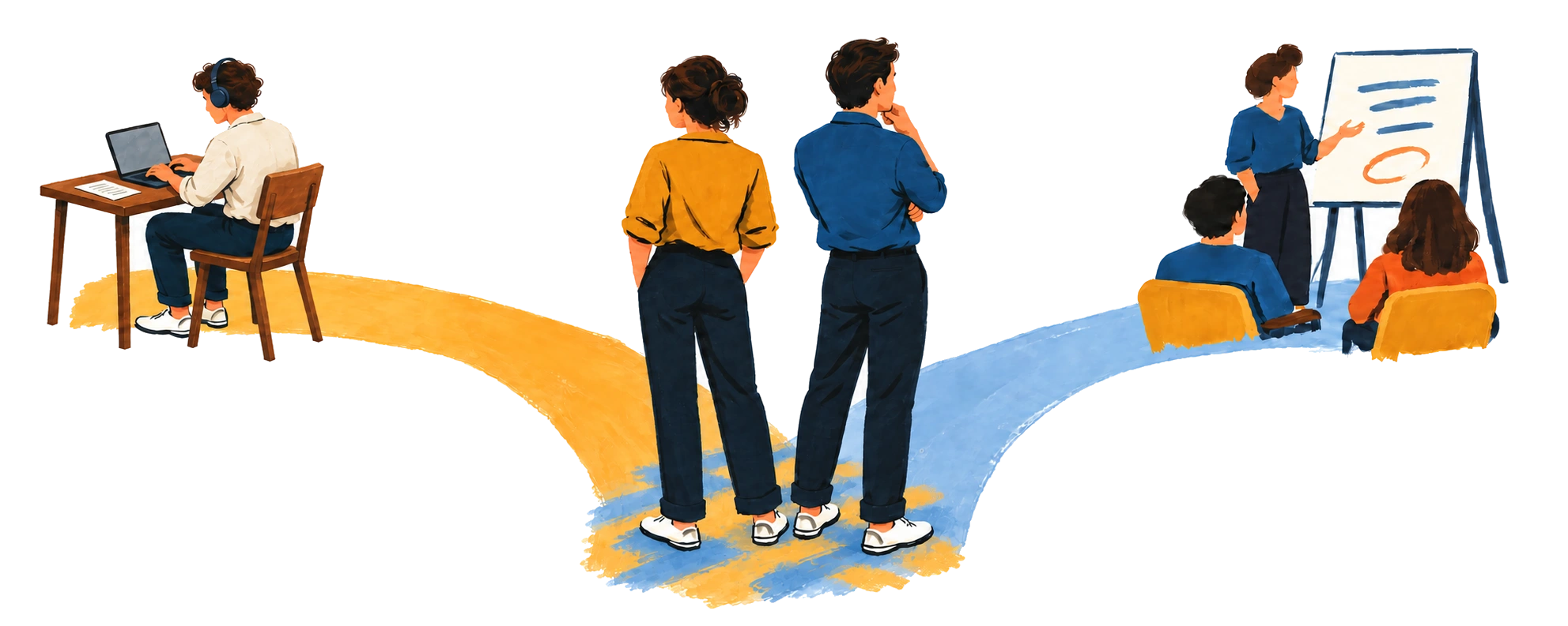 A woman and a man pause together where blue and ochre paths meet, considering focused learning on the left and presenting ideas on the right.
